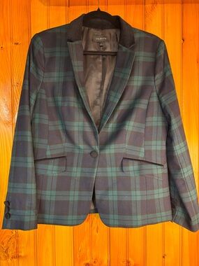 Talbots Navy and Green Plaid Single-Button Blazer